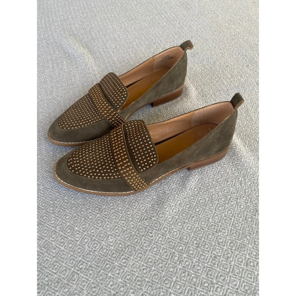 Crown Vintage Loafers Women 8.5 Olive Green Suede Gold‎ Studded Slip On Flats